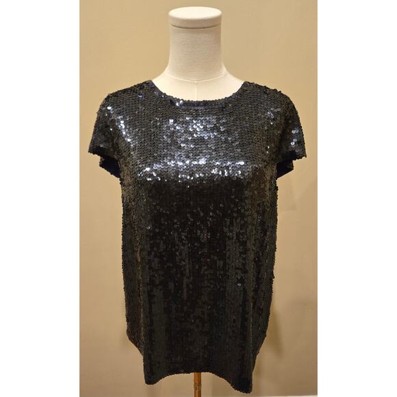 Theory 100% Silk Sequin Cap Sleeve Top Blue Keyhole Closure Large - Picture 2 of 10